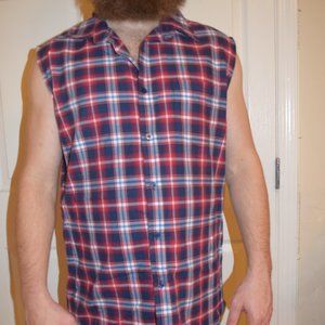 Open Couture Mens Plaid Button-Up Sleeveless Shirt